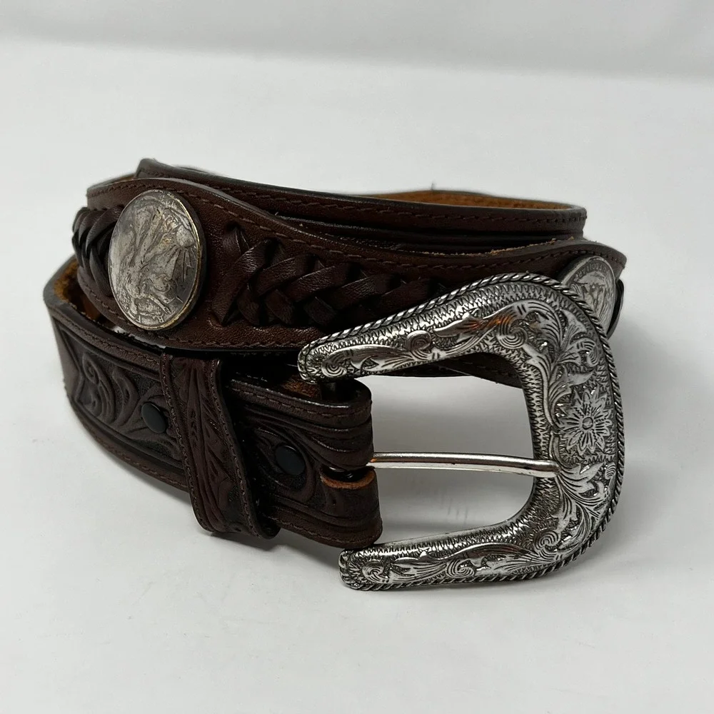 Vintage Justin Tooled Leather Western Belt Walking Liberty Half Dollar‎ Coins 32